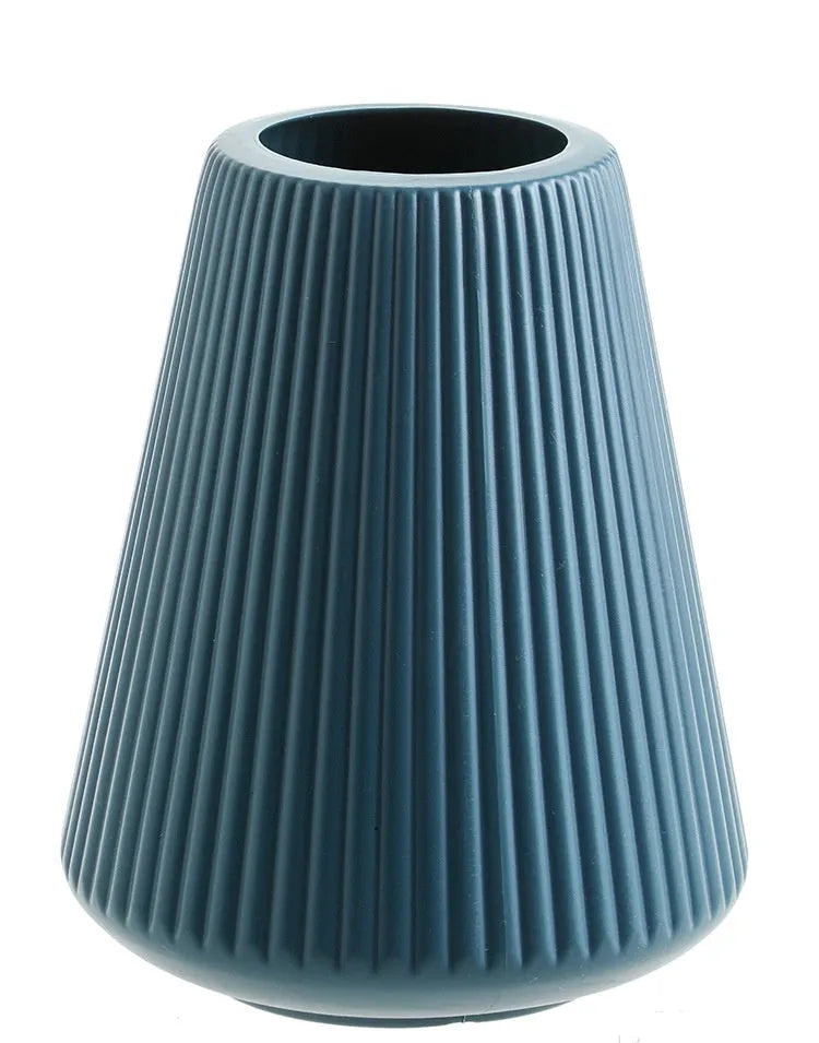 Colourful melamine plastic desktop flower vase in simple style, shown in blue, green, pink, and white colour options.