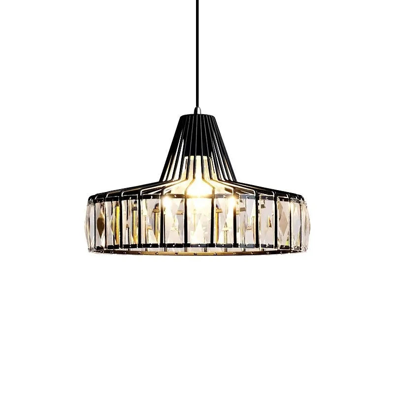 Modern black and gold crystal chandelier ceiling lamp with LED lights in various sizes.