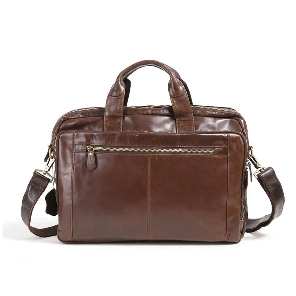 Brown men's business briefcase made from first layer cowhide leather with 18-inch laptop capacity