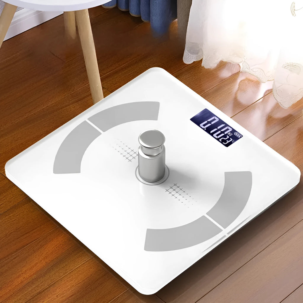 Smart Bluetooth body fat scale in white colour showing digital display with weight and body fat measurements