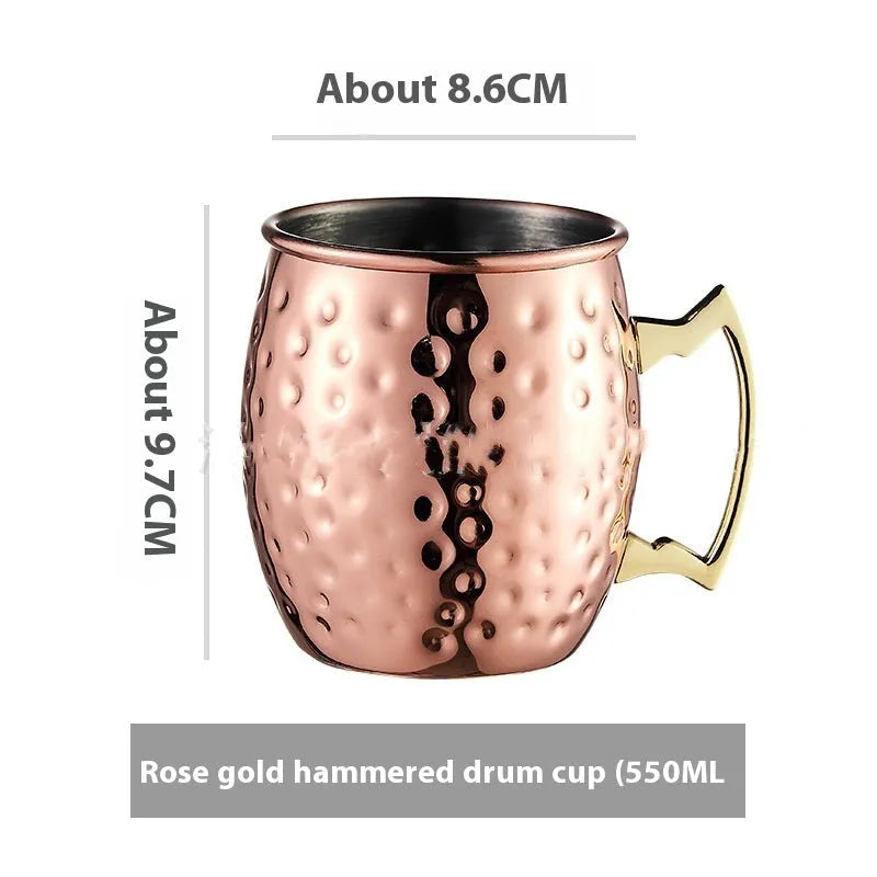Copper plated stainless steel Moscow Mule mug in hammered and smooth styles, shown in silver, gold, rose gold, and black.