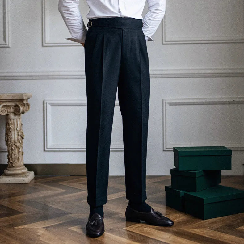 Men's high-waist straight-leg casual trousers in black, shown flat.