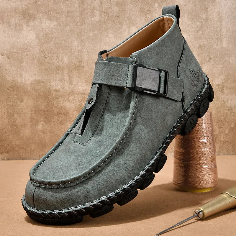 Handmade sewing casual slip-on flat shoes in black, brown, and green PU leather.