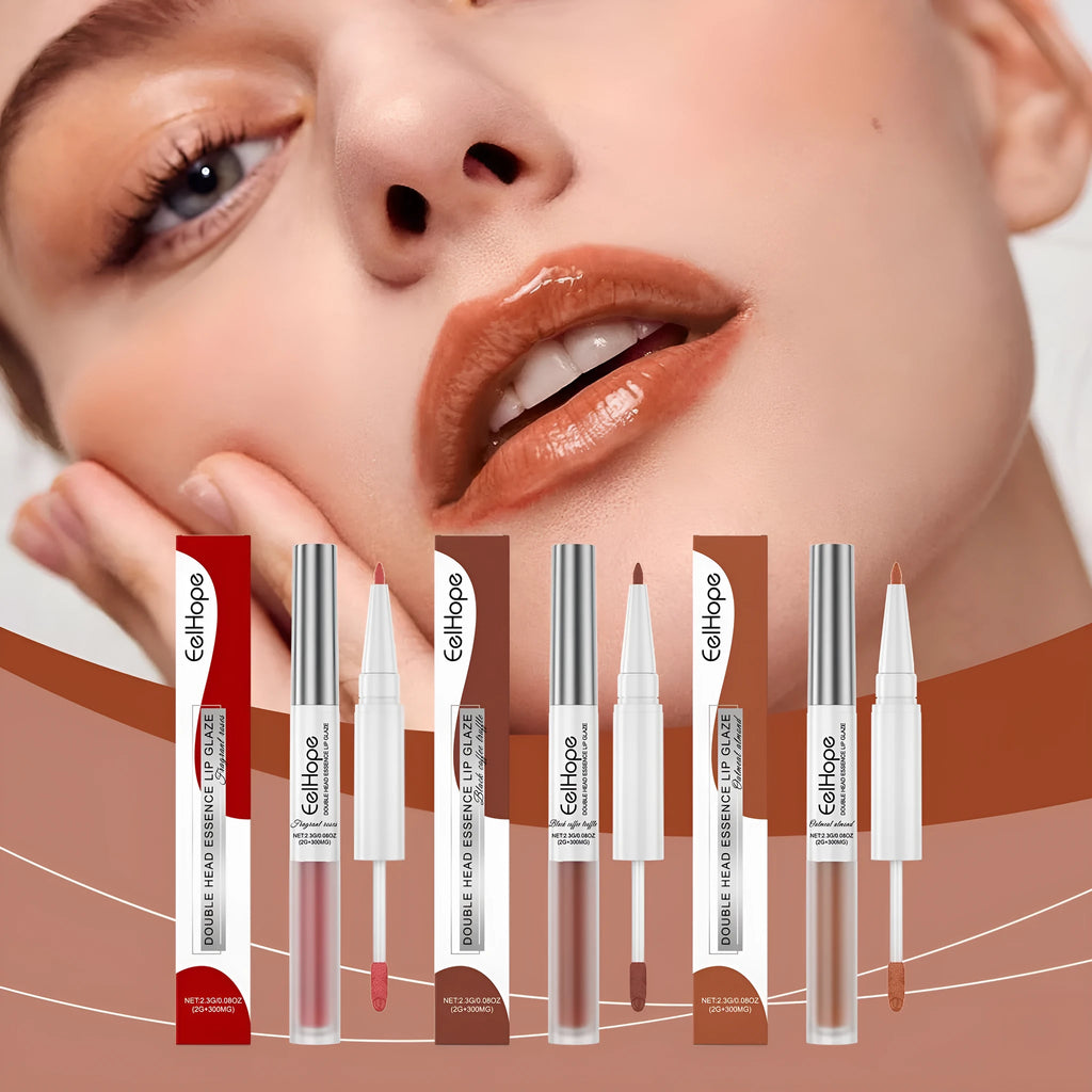 Double-headed lip liner and lip lacquer pen with three colour options displayed