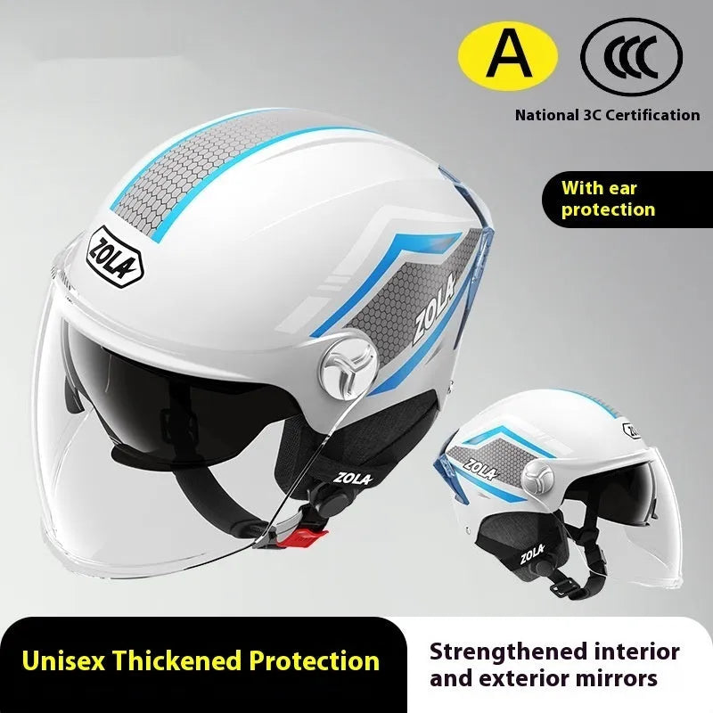 Battery-powered motorcycle half helmet with LED lights and double mirror visor in light brown colour