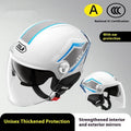 Battery-powered motorcycle half helmet with LED lights and double mirror visor in light brown colour