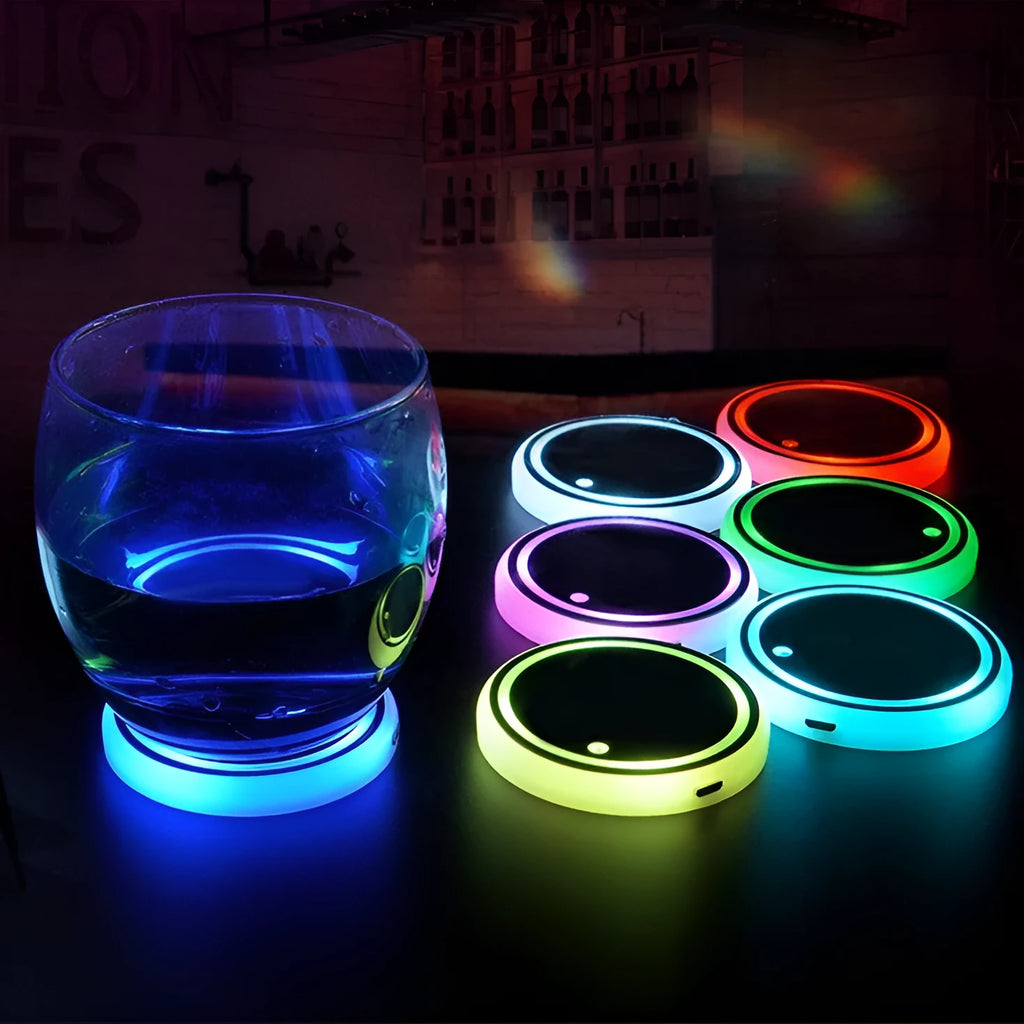 LED light-up coaster for car cup holder showing colourful illumination and 68mm diameter