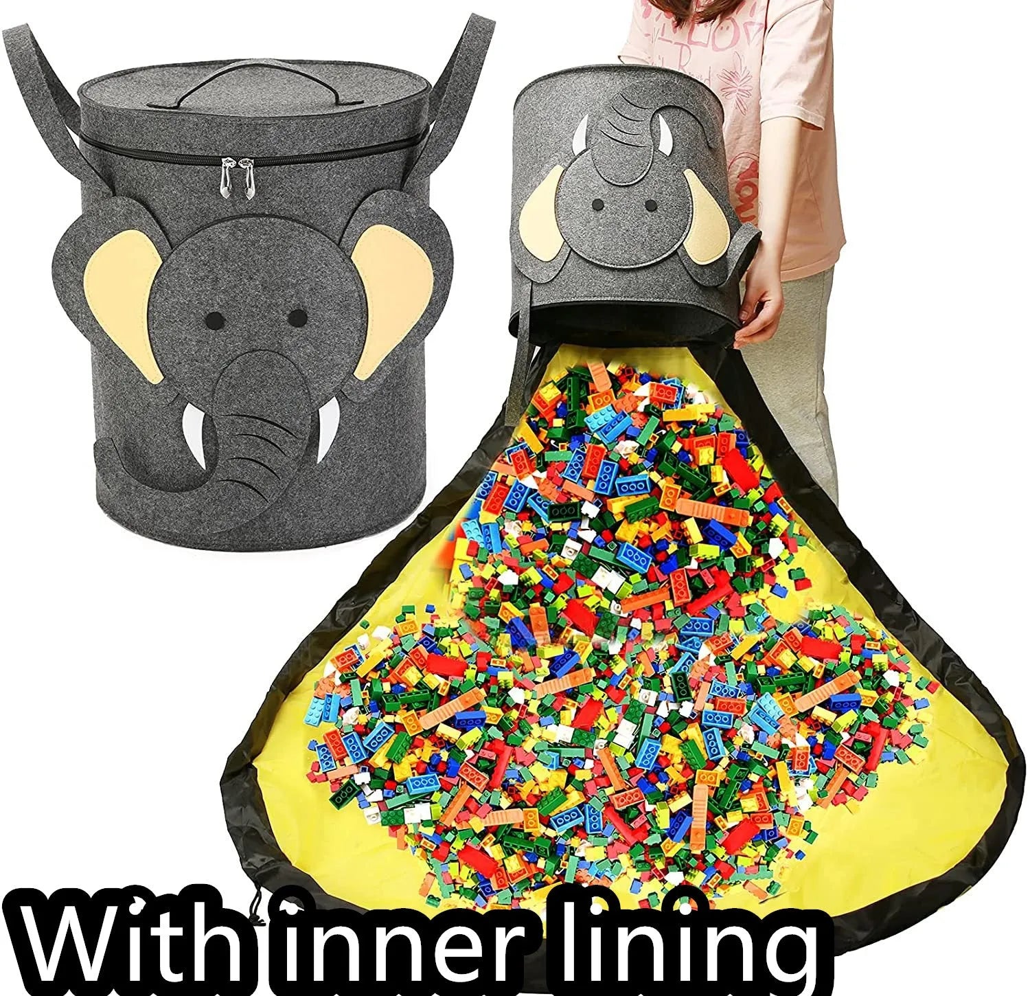Green cube-shaped felt storage bag with pull rope lying flat as a play mat.