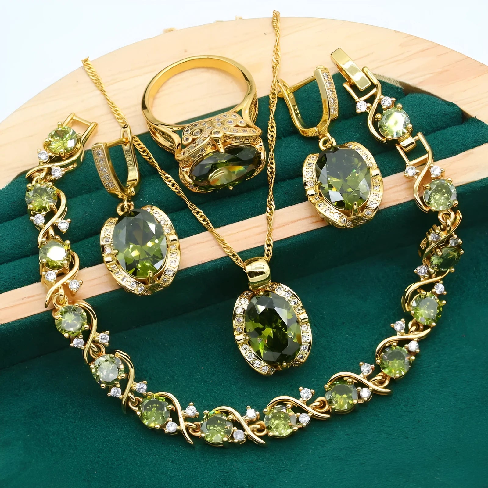 Women's full rhinestone zircon jewellery set showing necklace with snake bone chain, earrings, and ring in copper with electroplated finish