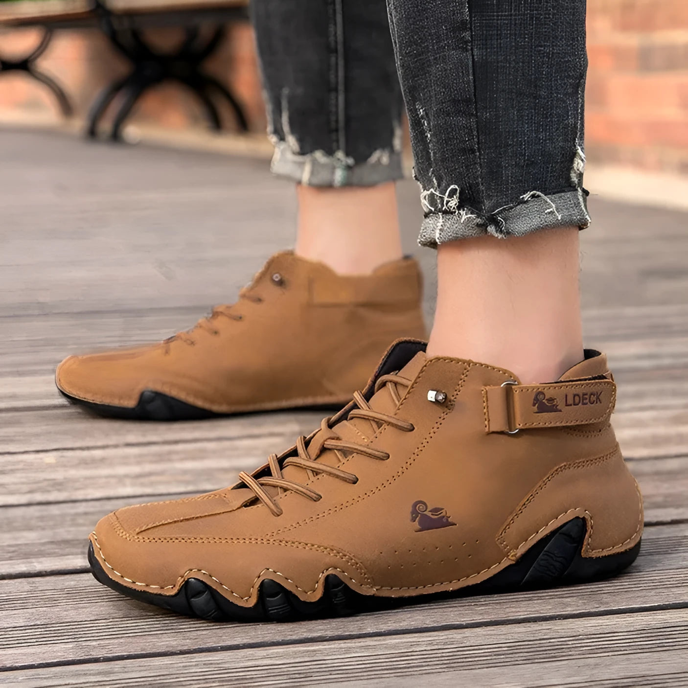 Men's khaki Octopus high top boots with microfiber upper, rubber sole, and pigskin boot tube on a white background.