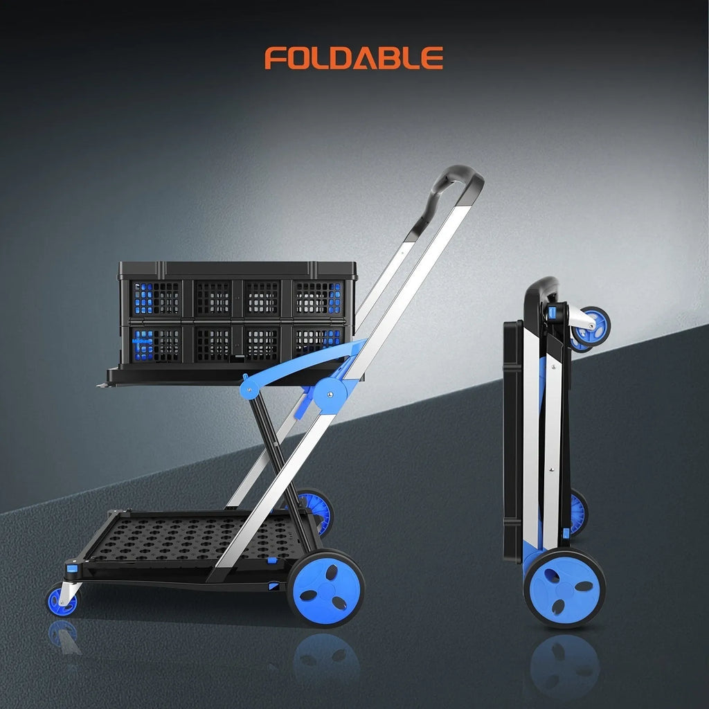 Blue foldable shopping cart with two plastic baskets, shown in its unfolded state.