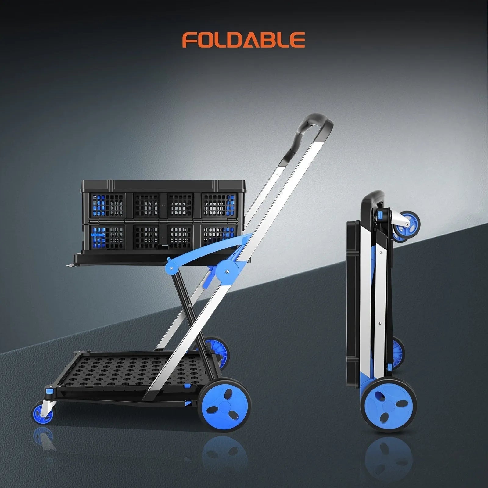 Blue foldable shopping cart with two plastic baskets, shown in its unfolded state.