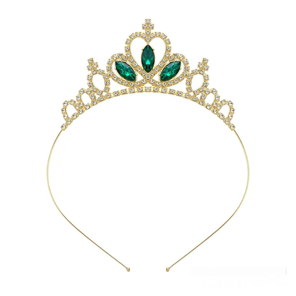 Girl's electroplated alloy princess crown headdress in gold and silver colour variations with gemstone-effect finishes.