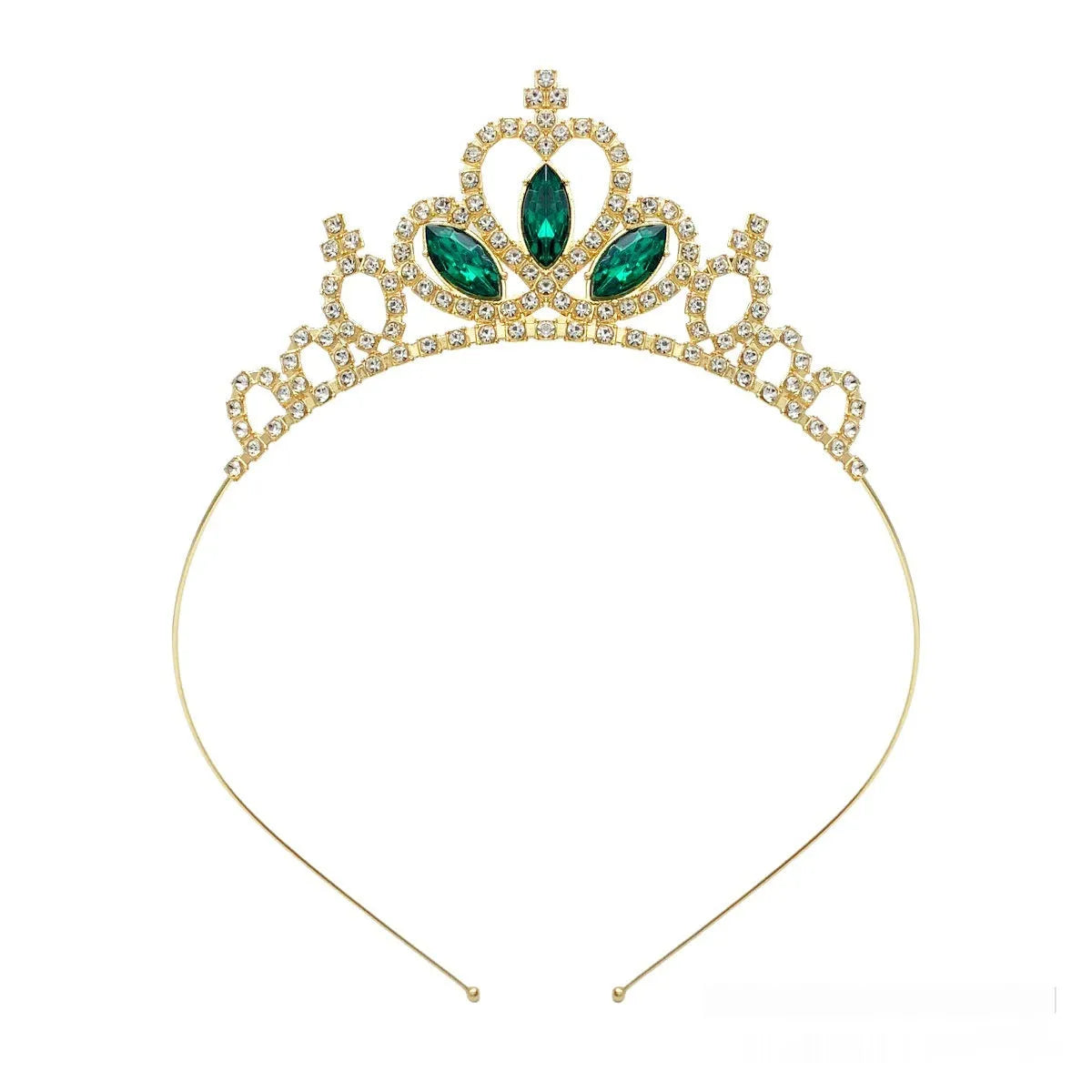 Girl's electroplated alloy princess crown headdress in gold and silver colour variations with gemstone-effect finishes.