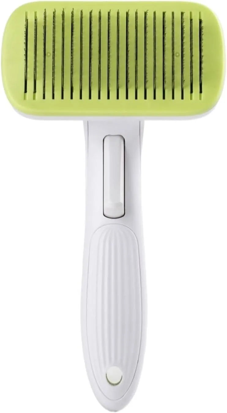 Blue automatic pet hair removal comb for dogs and cats on a table.