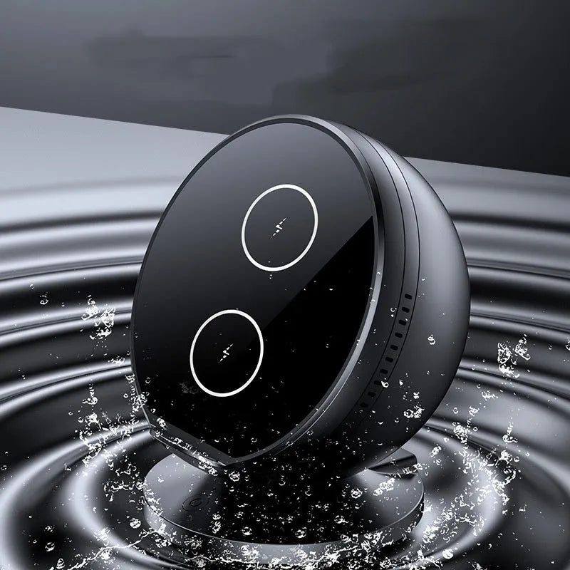 Black mobile phone wireless charging holder with integrated Bluetooth speaker showing phone display angle