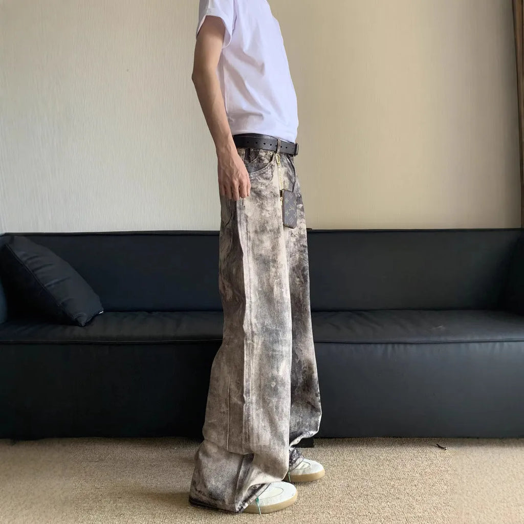 Men's yellow digital camouflage printed denim trousers straight leg casual cotton