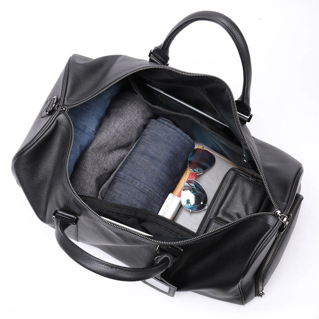 Men's leather excursion travel bag in black or coffee colour with single strap