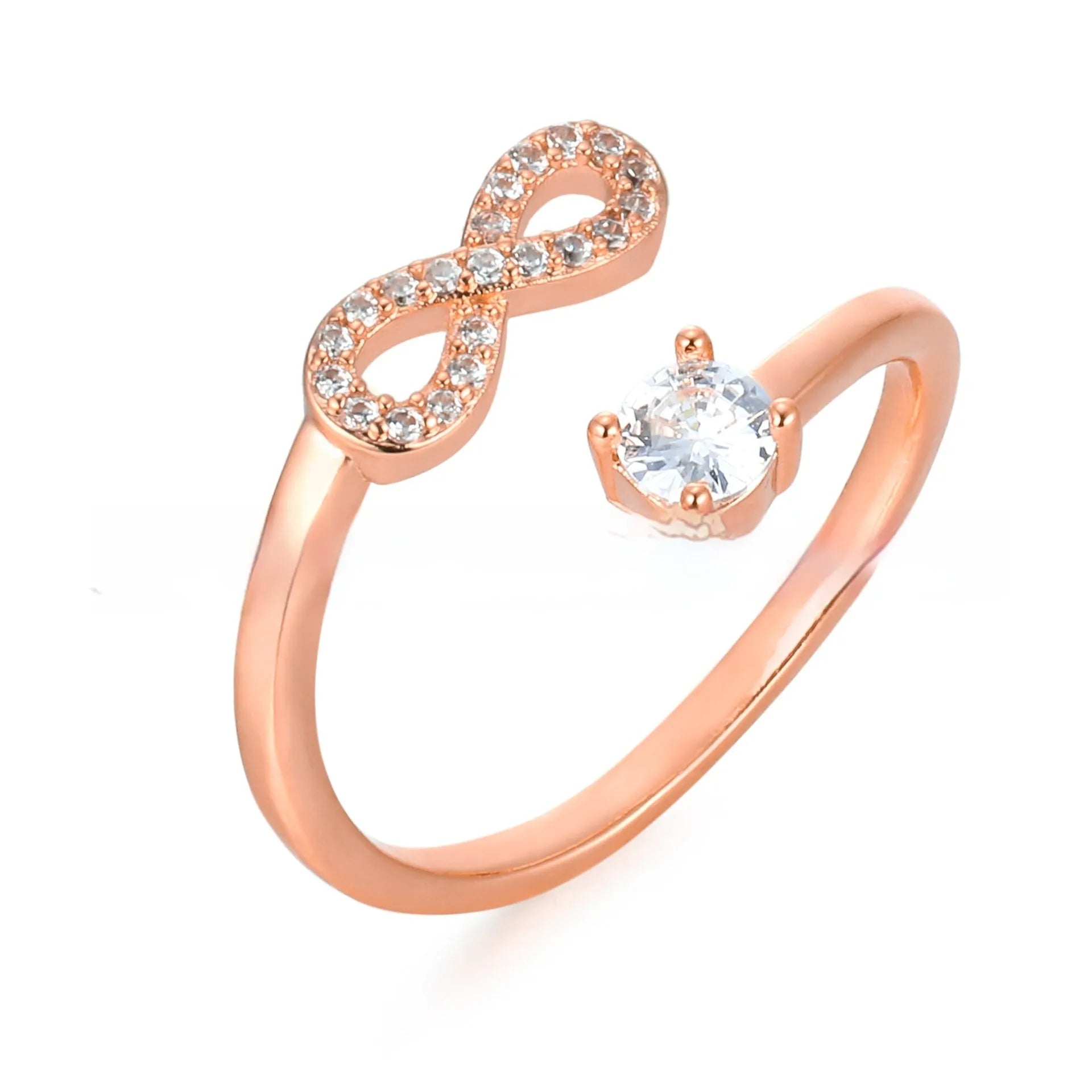 Geometric metal ring with inlaid zircon letter on finger, available in gold, rose gold, or silver.