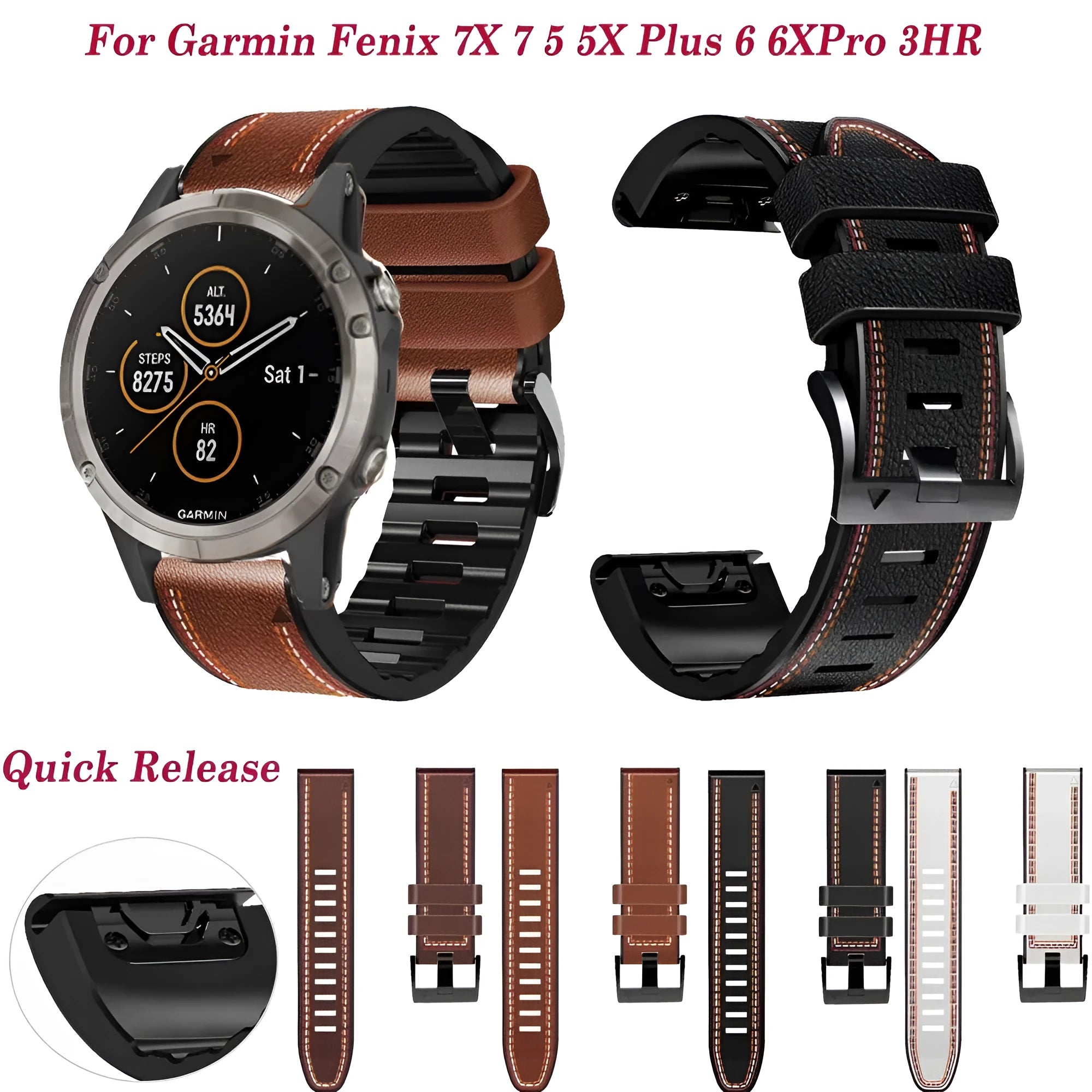 Silicone leather quick release watchband compatible with Garmin Fenix smartwatches