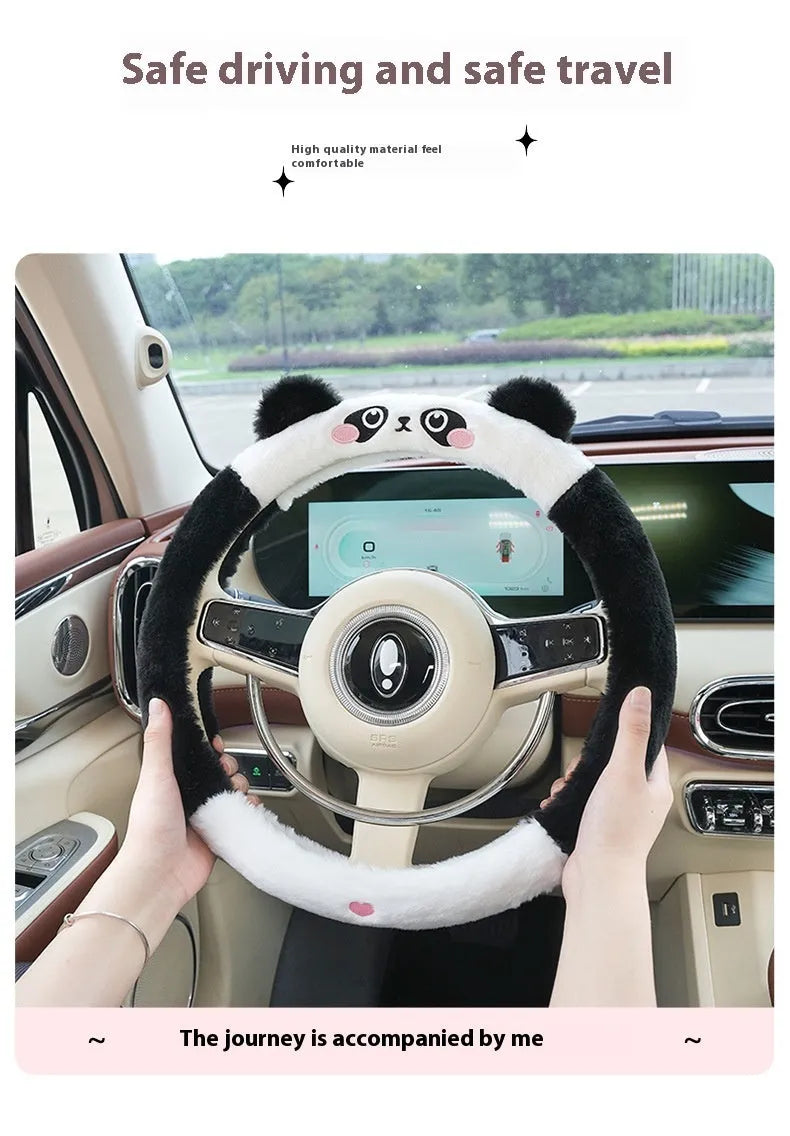 Plush steering wheel cover with cartoon animal embroidery for winter thermal insulation