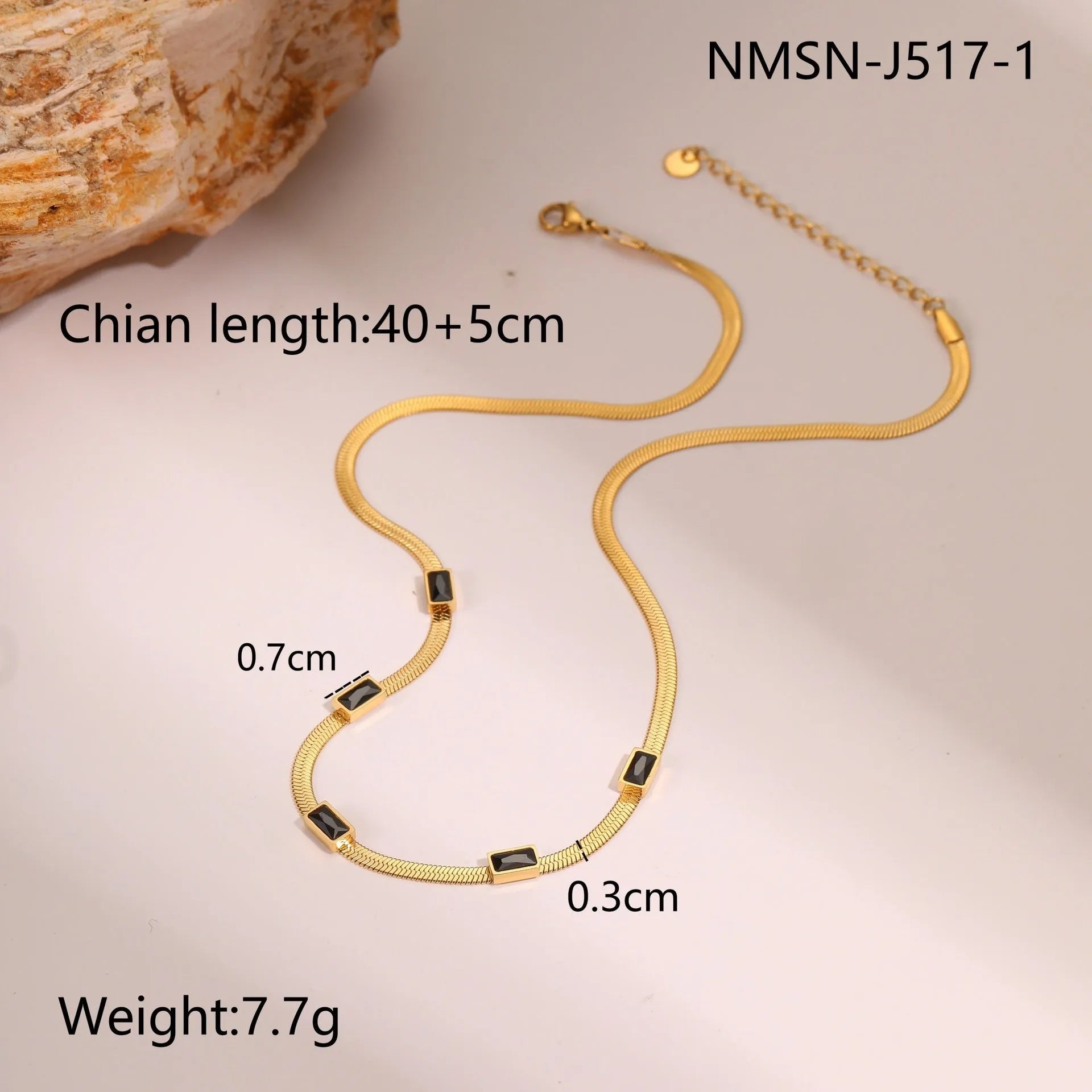 Geometric square zircon retro necklace with stainless steel flat snake chain and 18K gold plating