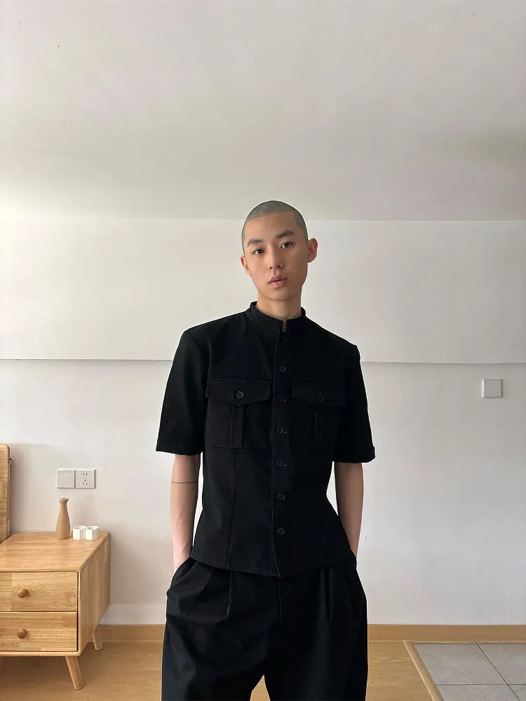Black half sleeve hunting shirt with red eye design, shirt collar and loose fit