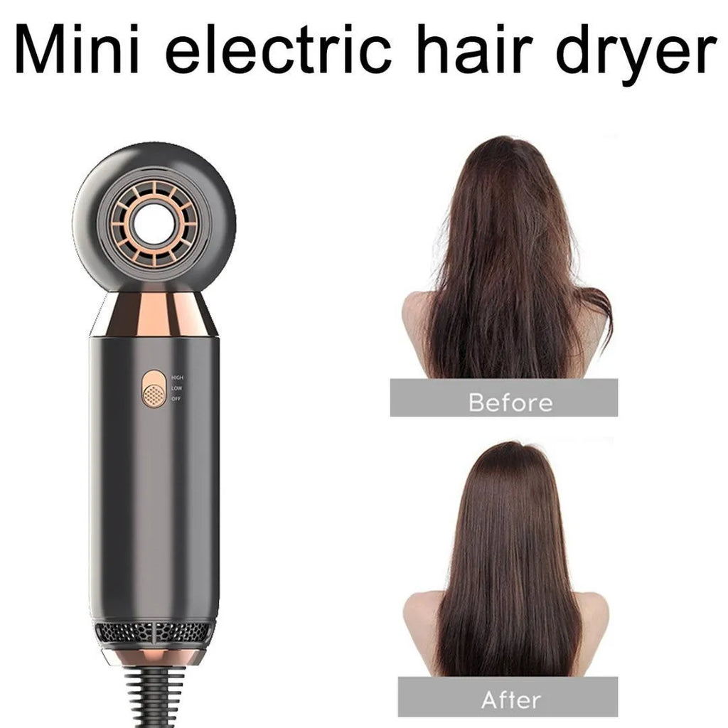 Compact white hair dryer with diffuser attachment, showing length and nozzle detail