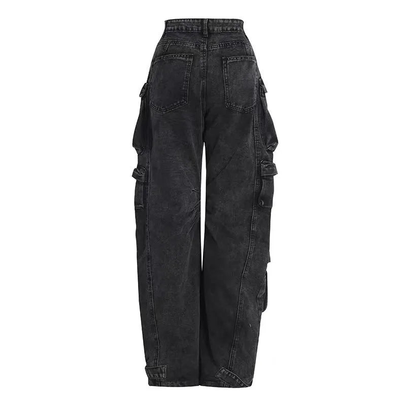 Women's high waist wide leg trousers with tie-dyed denim and multiple pockets in blue colour