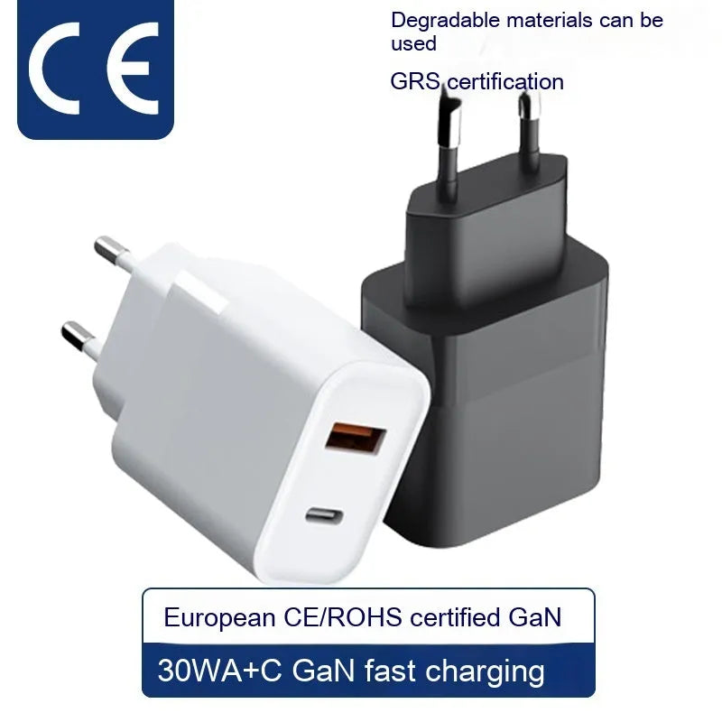 Gallium Nitride 30W charger with European standard plug, dual Type-C ports, white