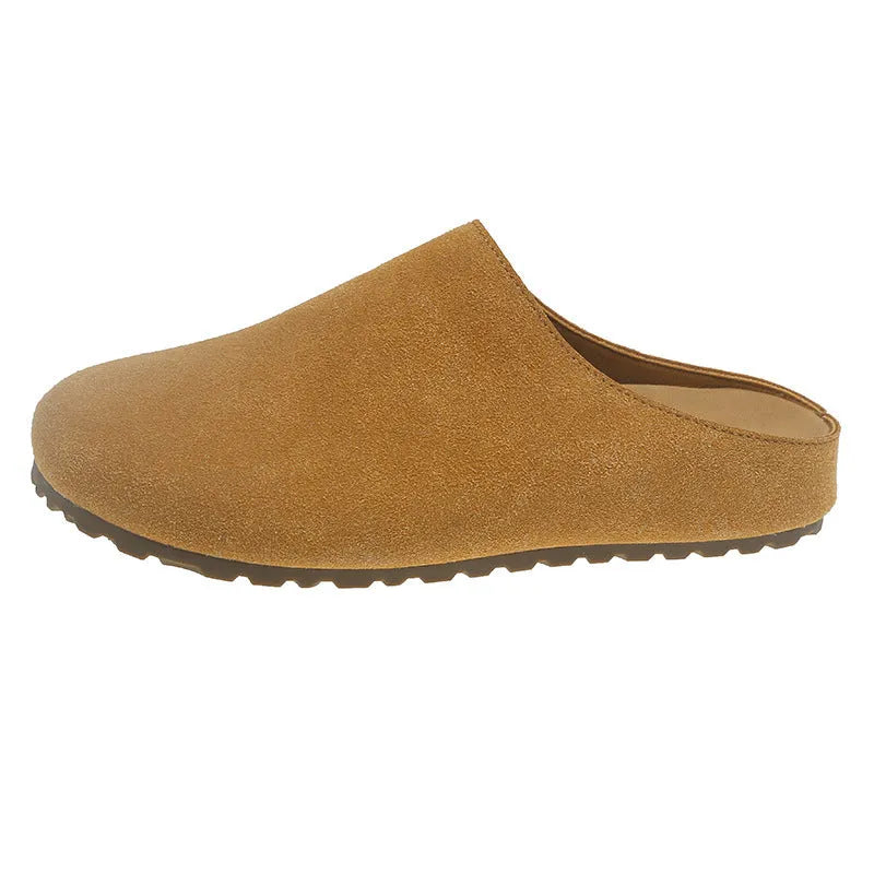 Soft flat slip-on slippers in apricot colour with square toe and microfibre upper.
