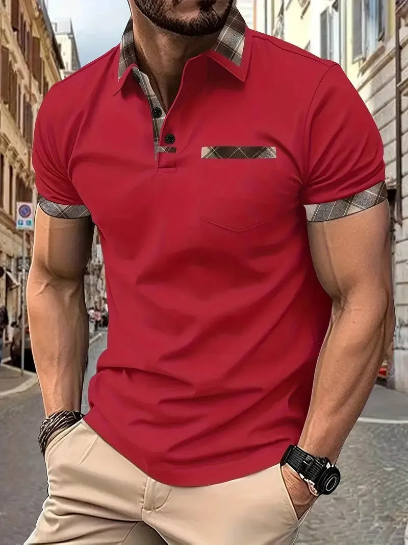 Men's plaid colourblock t-shirt with zipper detail in loose fit for summer wear