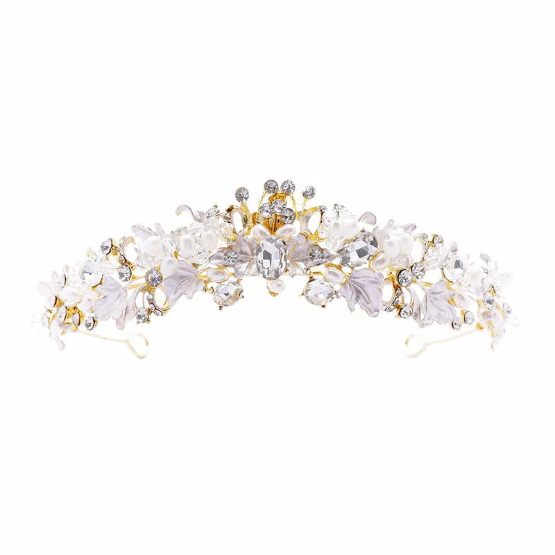 Alloy pearl crown headdress for women with gold electroplated finish and European styling