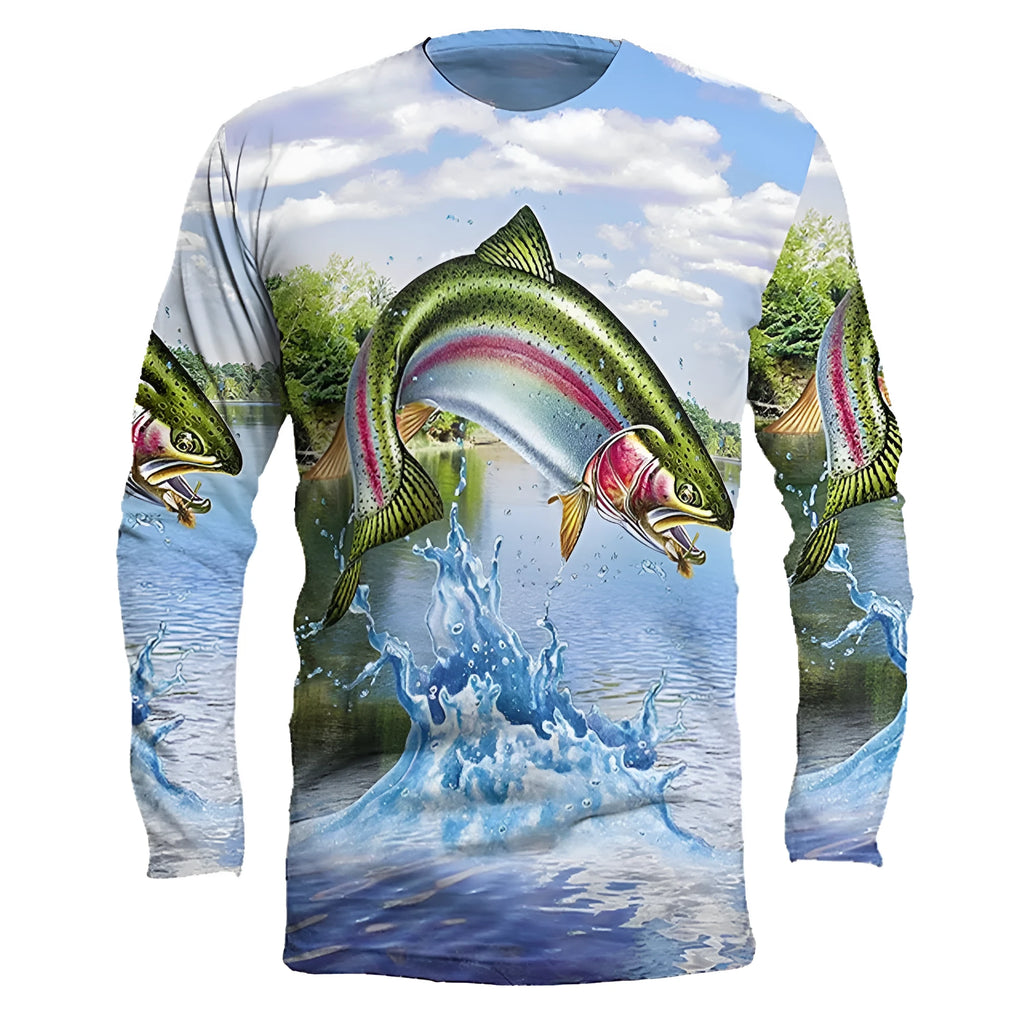 Men's grey pullover top with a colourful fish print design on the long sleeves.