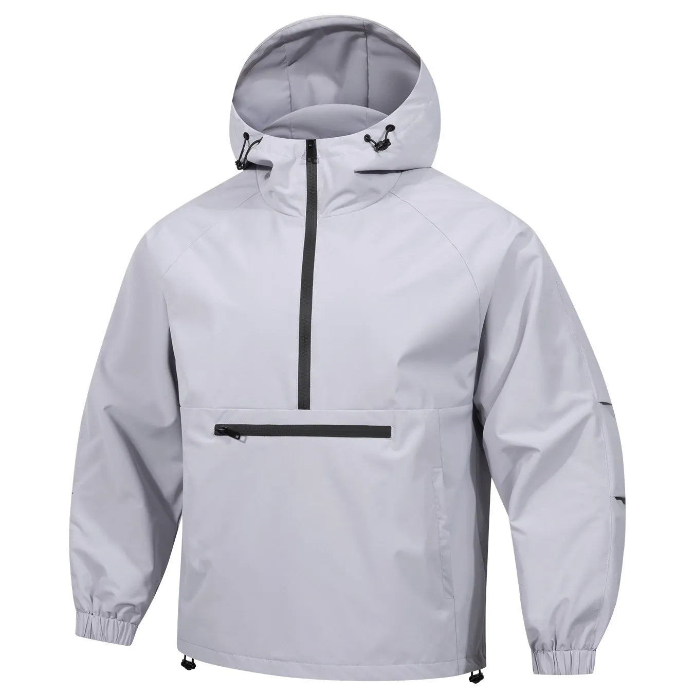 Men's light grey corduroy half-zip hooded sweater jacket with rabbit fur blend fabric in loose Korean-style fit