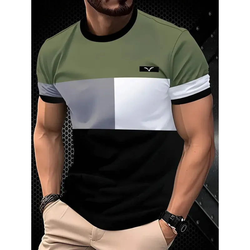 Men's loose fit short-sleeved T-shirt with digital 3D printed striped pattern in polyester fabric