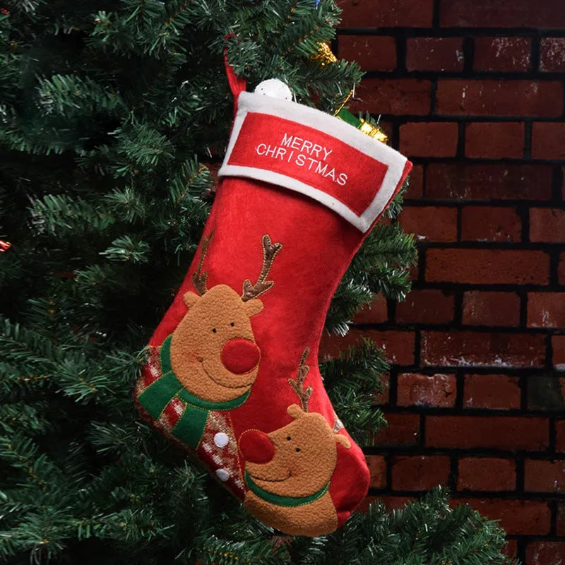 Non-woven fabric Christmas stocking ornament in American folk art style with elk, elderly man, or snowman design