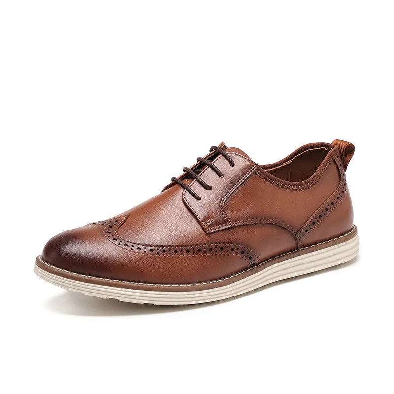 Men's black slip-on casual shoe with round toe and carved TPR sole for business wear.