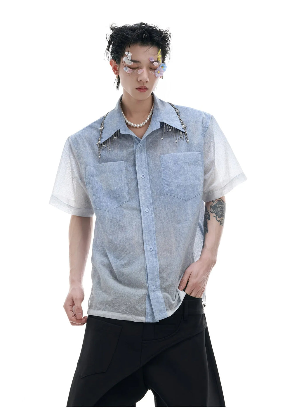 Men's blue and white gradient loose fit shirt with quilted texture and short sleeves