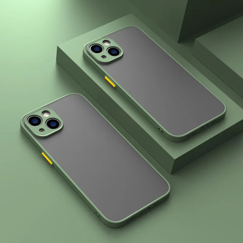 Frosted hard plastic and TPU iPhone case with fine hole design and raised camera protection.