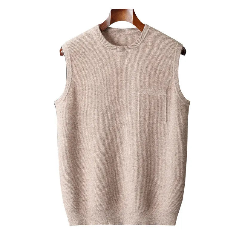 Men's round neck jacquard pullover knitted vest in solid colour, sleeveless for autumn