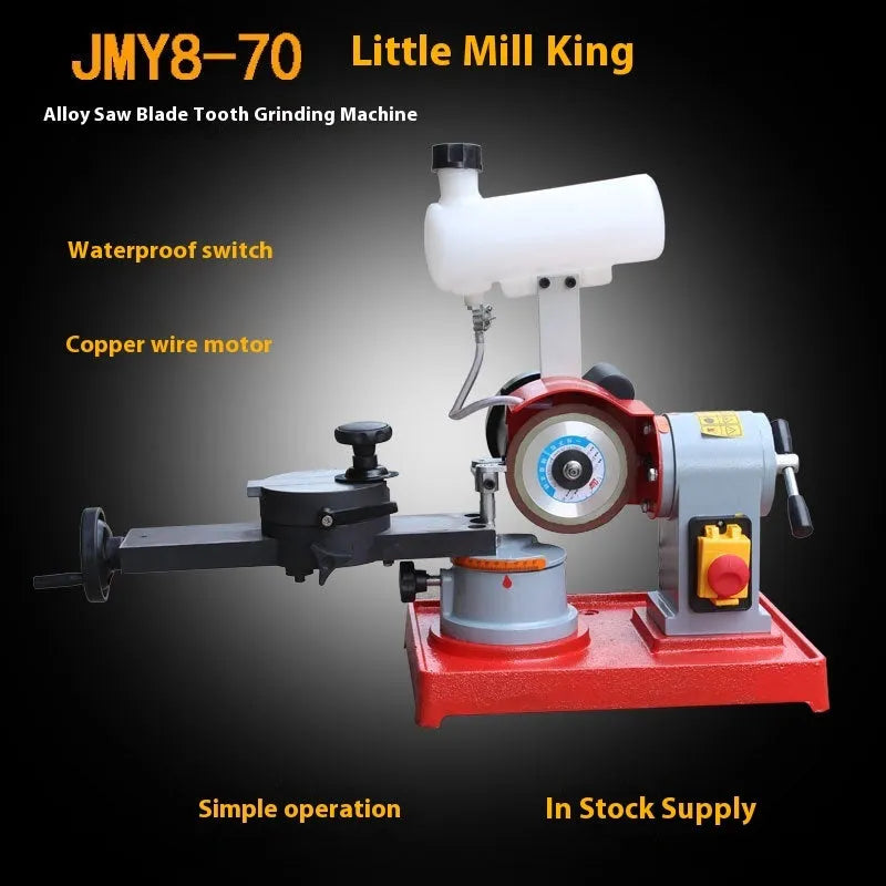 Small manual gear grinding machine for sharpening alloy circular saw blades on workbench