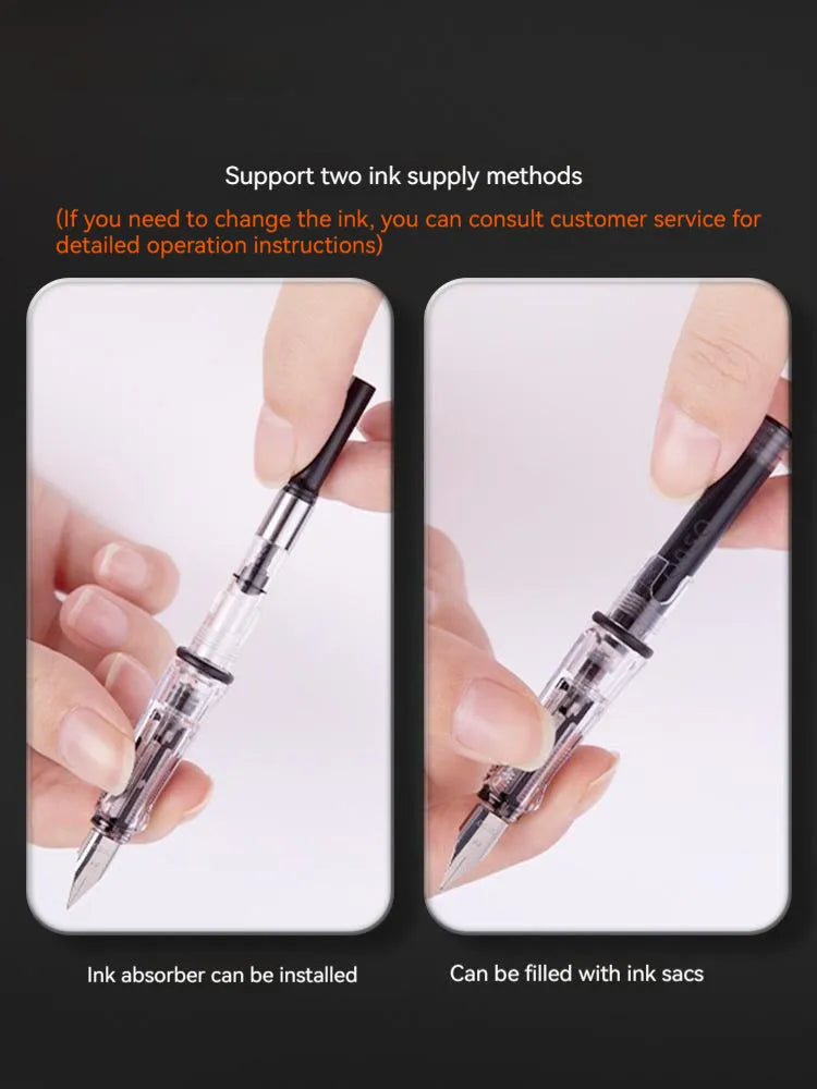 Automatic suction pen set with plastic shell, two nib sizes, ink feeder and handbag