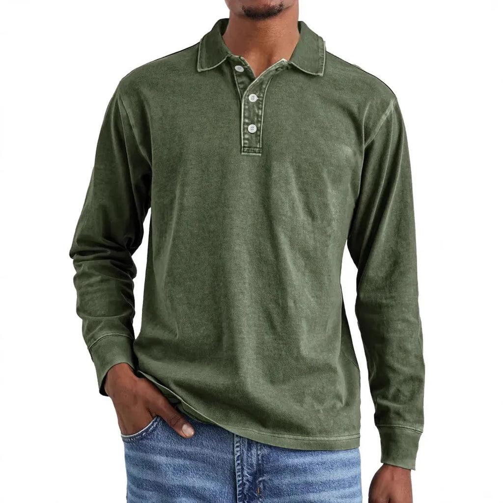 Retro washed cotton polo shirt with distressed lapel detail in Army Green colour