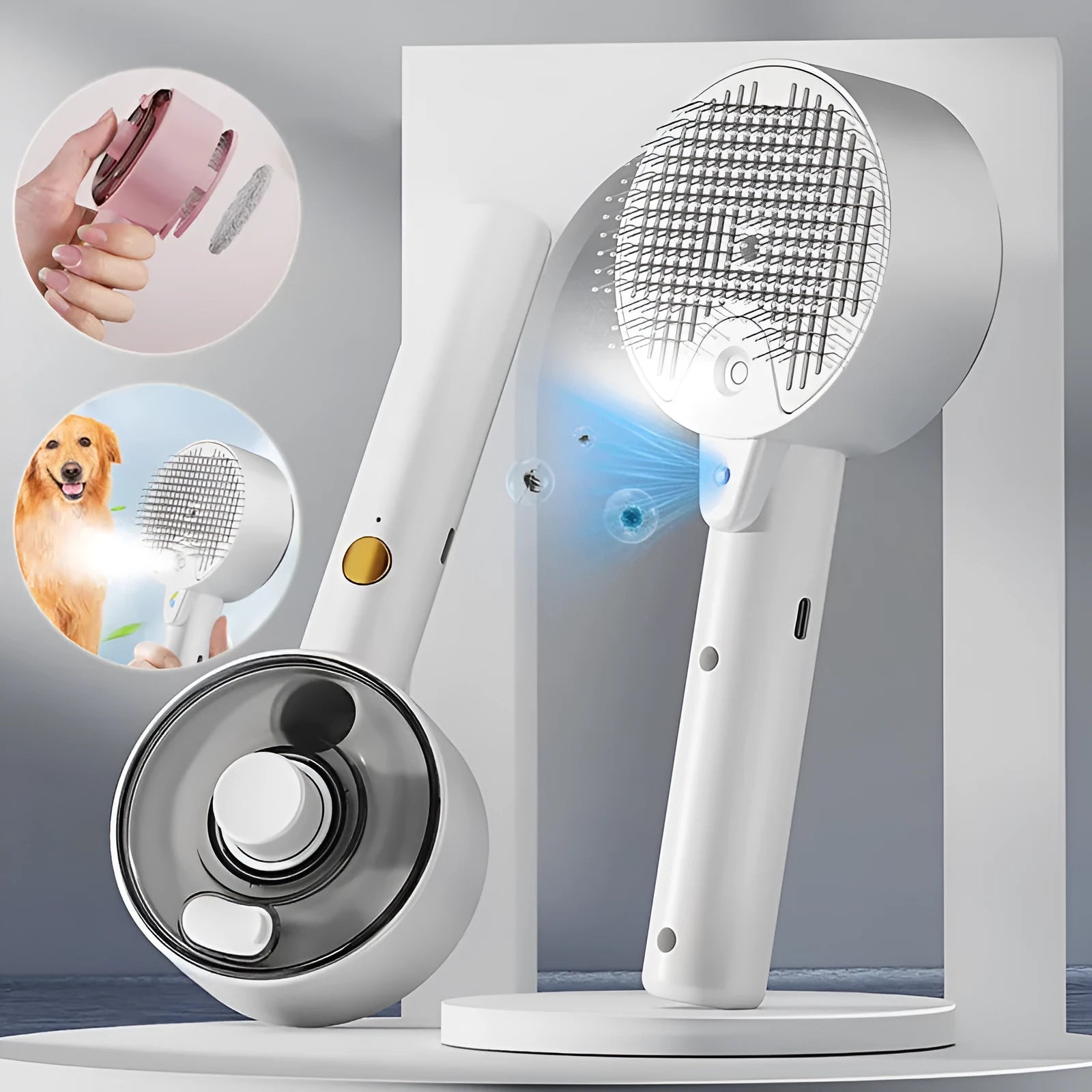 Ceramic white pet grooming brush with mist spray function and UV-C sterilisation light for dogs and cats.