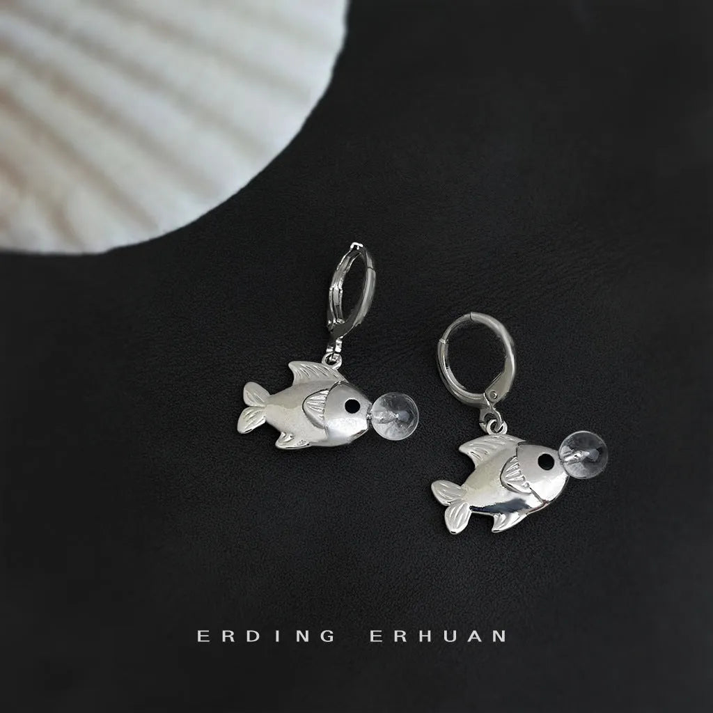 Bubble fish design earrings with goldfish animal elements in copper electroplated finish