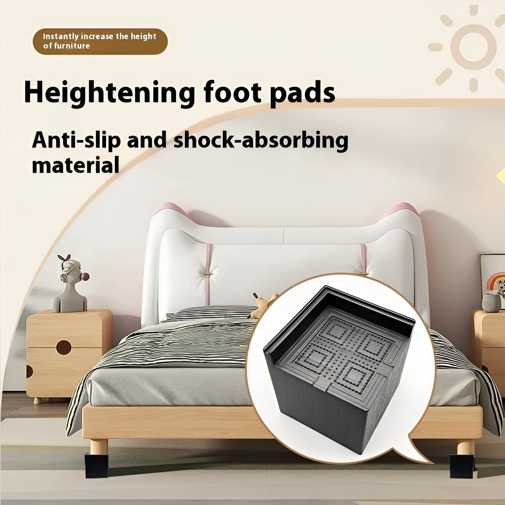 Four black plastic bed foot mats for furniture height adjustment and floor protection