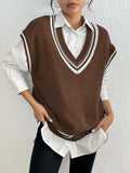 Women's loose acrylic vest sweater in black, blue and coffee colours with college style design