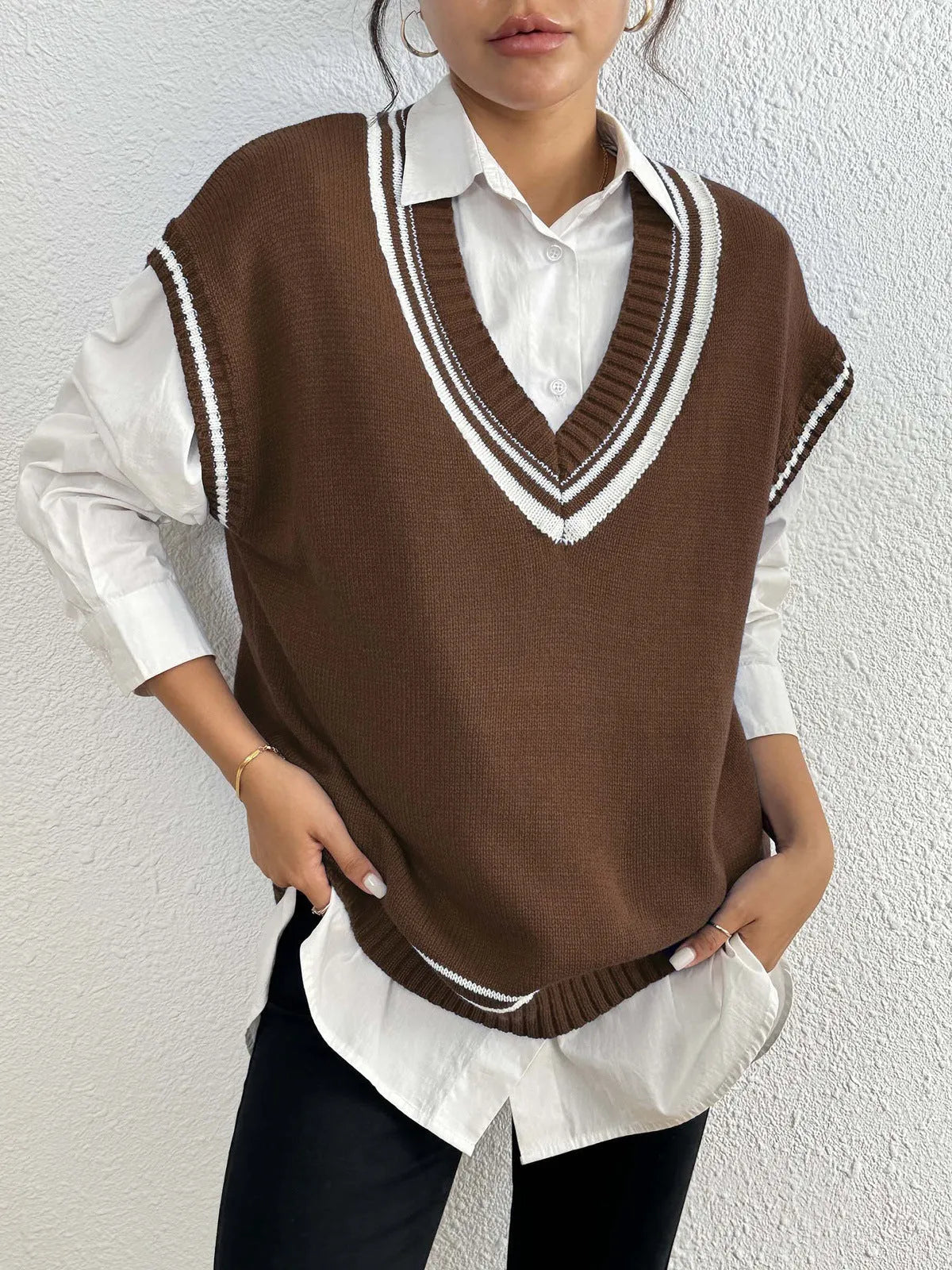 Women's loose acrylic vest sweater in black, blue and coffee colours with college style design