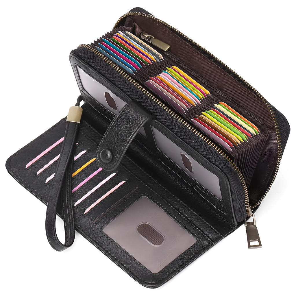 Women's expanding long wallet in denim blue showing card slots and passport pocket with anti-theft swiping feature